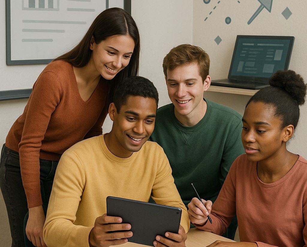 Estudiantes colaborando en proyecto futurista